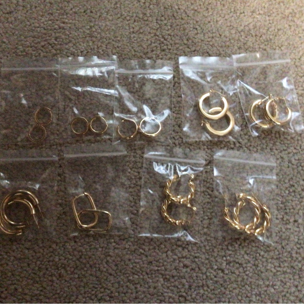 BUNDLE OF “9” SETS OF HOOP EARRINGS- DIFFERENT SIZES AND STYLES— NEW IN PACKAGES